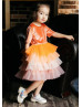 Elbow Sleeves Orange Velvet Ombre Tiered Tulle Flower Girl Dress